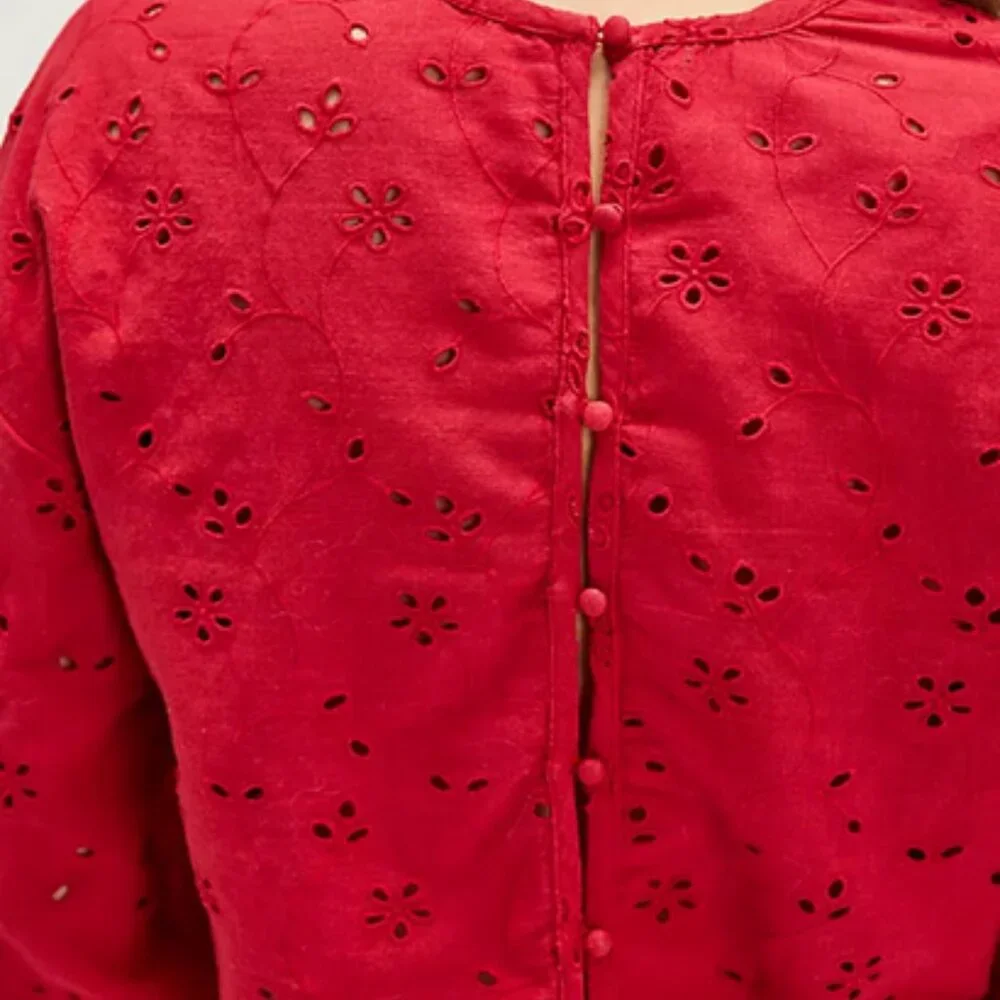 Free People Emma Eyelet Top Embroidered Red Button Drop Shoulder L